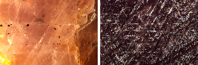 Figure 3. Black inclusions, identified as vonsenite by Raman spectroscopy, were observed with twinning planes (left) and reflective particles aligned in three directions with fine needles (right). Photomicrographs by Yuxiao Li; fields of view 2.4 mm (left) and 2.9 mm (right). Figure 3. Black inclusions, identified as vonsenite by Raman spectroscopy, were observed with twinning planes (left) and reflective particles aligned in three directions with fine needles (right). Photomicrographs by Yuxiao Li; fields of view 2.4 mm (left) and 2.9 mm (right).