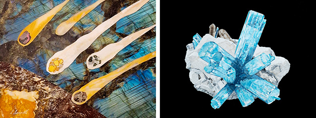 Figure 1. Left: “Meteorites,” a mosaic by Leonardo Scarpelli. A labradorite background gives a strong sense of light shining in the night sky as the observer moves. Right: The “Starburst” mosaic by Leonardo Scarpelli. Larimar proved the perfect material to reproduce aquamarine’s transparency and color. Photos by Cristiano Brigida; courtesy of Scarpelli Mosaici. Figure 1. Left: “Meteorites,” a mosaic by Leonardo Scarpelli. A labradorite background gives a strong sense of light shining in the night sky as the observer moves. Right: The “Starburst” mosaic by Leonardo Scarpelli. Larimar proved the perfect material to reproduce aquamarine’s transparency and color. Photos by Cristiano Brigida; courtesy of Scarpelli Mosaici.