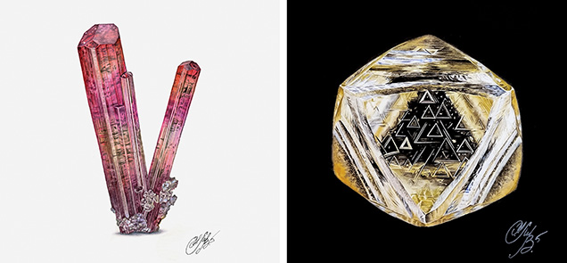 Figure 2. Watercolors of tourmaline with albite (left) and a diamond crystal from Kimberley, South Africa (right). Photos by Cristiano Brigida; courtesy of Ksenia Levterova. Figure 2. Watercolors of tourmaline with albite (left) and a diamond crystal from Kimberley, South Africa (right). Photos by Cristiano Brigida; courtesy of Ksenia Levterova.