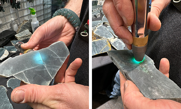 Figure 2. The bluish jadeite jade from Guatemala showed high transparency and a very fine texture (left). Some displayed green veins throughout. A flashlight revealed a slight green tint in some pieces with high transparency and fine texture (right). Photos by Tao Hsu; courtesy of Yax Tun Minerals. Figure 2. The bluish jadeite jade from Guatemala showed high transparency and a very fine texture (left). Some displayed green veins throughout. A flashlight revealed a slight green tint in some pieces with high transparency and fine texture (right). Photos by Tao Hsu; courtesy of Yax Tun Minerals.