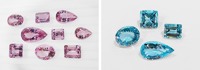 Figure 2. Left: Suite of morganite from Mozambique ranging from 27.90 ct (the center rectangular step cut) to 92.34 ct (the largest pear). These stones underwent a lengthy heating and electron radiation treatment to bring out the best color and clarity. Right: Suite of aquamarines from Madagascar. Clockwise from left: 31.88 ct oval brilliant cut, 49.08 ct cushion cut, 35.80 ct rectangular step cut, and 24.51 ct pear brilliant cut. Photos by Prateek Vijay; courtesy of Blue Star Gems. Figure 2. Left: Suite of morganite from Mozambique ranging from 27.90 ct (the center rectangular step cut) to 92.34 ct (the largest pear). These stones underwent a lengthy heating and electron radiation treatment to bring out the best color and clarity. Right: Suite of aquamarines from Madagascar. Clockwise from left: 31.88 ct oval brilliant cut, 49.08 ct cushion cut, 35.80 ct rectangular step cut, and 24.51 ct pear brilliant cut. Photos by Prateek Vijay; courtesy of Blue Star Gems.