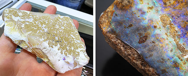 Figure 2. Opal rough from Pedro II shows that opal can occur in veins in the host sedimentary rocks (left) or as thin layers attached to intrusive dikes (right). The sedimentary rocks have a light color, while the dikes are darker. Photos by Tao Hsu (left) and Robert Weldon (right); courtesy of Prime Gems.