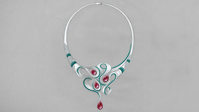 Suhan Wang’s winning necklace design sketch for the 2023 Gianmaria Buccellati Foundation Award for Excellence in Jewelry Design, featuring platinum, emerald, ruby, diamond, and tsavorite.