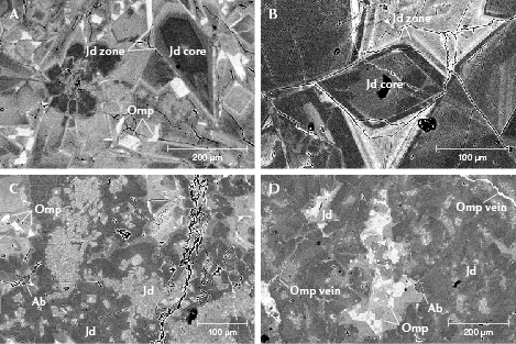 Figure 10. BSE images of Guatemalan “ice jade” samples. A: Fragmented jadeite crystals with zoning. The bright grains are omphacite (sample GB-9). B: Chemical zoning of jadeite crystals. Several different gray contrast zones surrounded the dark core (sample GB-1). C: Fine grains (50–100 μm) of jadeite with different contrast. The bright grains are omphacite. A small albite grain is surrounded by jadeite (sample GB-5). D: Omphacite veins and grains filled in jadeite matrix (sample GB-4). Jd-jadeite; Omp-omphacite; Ab-albite. Figure 10. BSE images of Guatemalan “ice jade” samples. A: Fragmented jadeite crystals with zoning. The bright grains are omphacite (sample GB-9). B: Chemical zoning of jadeite crystals. Several different gray contrast zones surrounded the dark core (sample GB-1). C: Fine grains (50–100 μm) of jadeite with different contrast. The bright grains are omphacite. A small albite grain is surrounded by jadeite (sample GB-5). D: Omphacite veins and grains filled in jadeite matrix (sample GB-4). Jd-jadeite; Omp-omphacite; Ab-albite.