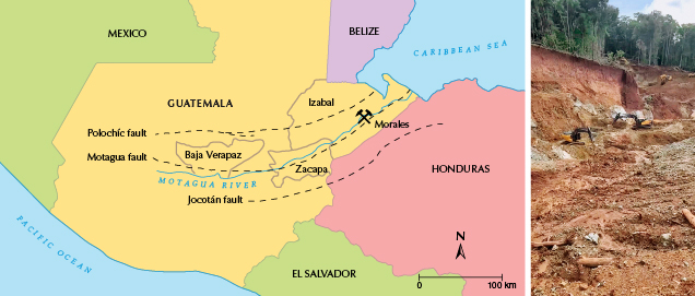 Figure 2. Left: Map of Guatemala and the location of the Morales mine (adapted from Harlow et al., 2011; Xing et al., 2021). Right: The jadeite ore at the Morales mine is hosted in the laterite layer. Photo by X.Q. Yuan. Figure 2. Left: Map of Guatemala and the location of the Morales mine (adapted from Harlow et al., 2011; Xing et al., 2021). Right: The jadeite ore at the Morales mine is hosted in the laterite layer. Photo by X.Q. Yuan.