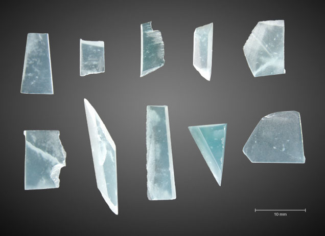 Figure 3. Guatemalan “ice jade” samples (0.086−0.770 g). The top row left to right is GB-1 to GB-5, and the bottom row left to right is GB-6 to GB-10. Photo by Z. Huang. Figure 3. Guatemalan “ice jade” samples (0.086−0.770 g). The top row left to right is GB-1 to GB-5, and the bottom row left to right is GB-6 to GB-10. Photo by Z. Huang.