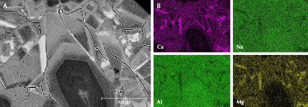Figure 8. Element mapping of sample GB-9 using EDS. A: The BSE image shows jadeite crystals with zoning and omphacite forming on the boundary of jadeite. B: Element mapping of the sample for calcium, sodium, aluminum, and magnesium. Figure 8. Element mapping of sample GB-9 using EDS. A: The BSE image shows jadeite crystals with zoning and omphacite forming on the boundary of jadeite. B: Element mapping of the sample for calcium, sodium, aluminum, and magnesium.