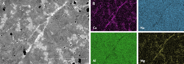 Figure 9. Element mapping of sample GB-10 using EDS. A: The BSE image of an omphacite vein distributed in the jadeite matrix. B: Element mapping of the sample for calcium, sodium, aluminum, and magnesium. Figure 9. Element mapping of sample GB-10 using EDS. A: The BSE image of an omphacite vein distributed in the jadeite matrix. B: Element mapping of the sample for calcium, sodium, aluminum, and magnesium.