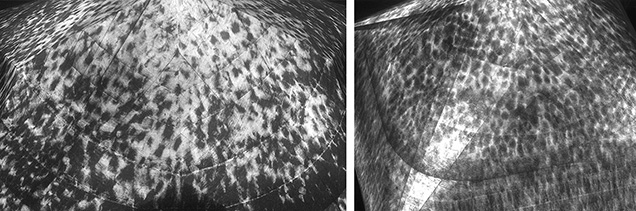 Figure 4. Comparison of the cathodoluminescence images from before HPHT treatment (left, from Spring 2022 Lab Notes) and afterward (right) showed no observable differences. Images by Elina Myagkaya. Figure 4. Comparison of the cathodoluminescence images from before HPHT treatment (left, from Spring 2022 Lab Notes) and afterward (right) showed no observable differences. Images by Elina Myagkaya.