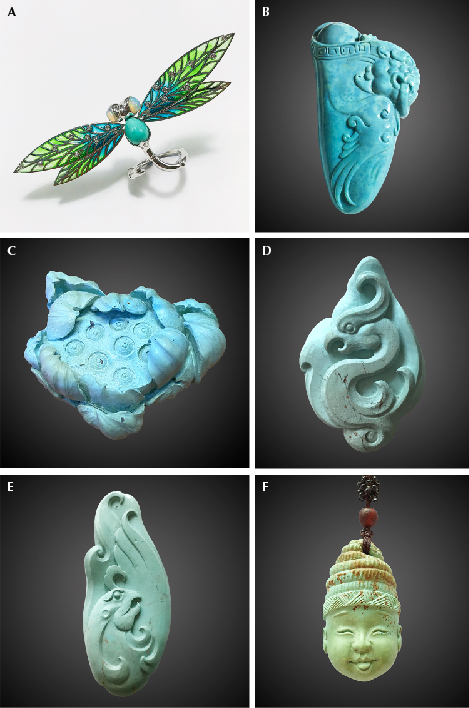 Figure 2. Turquoise with various colors from Tianhu East, mined during the 2010s. A: A ring set with turquoise (1.2 × 0.8 × 0.6 cm). B–F: Carved turquoise pendants measuring 4.5 × 2.5 × 1.2 cm (B), 7.0 × 5.0 × 3.5 cm (C), 4.0 × 1.9 × 0.6 (D), 5.5 × 2.4 × 0.5 cm (E), and 4.5 × 2.5 × 1.6 cm (F). Photos courtesy of Haitao Wang (A, C, D, E, and F) and Hanqing Dai (B). Figure 2. Turquoise with various colors from Tianhu East, mined during the 2010s. A: A ring set with turquoise (1.2 × 0.8 × 0.6 cm). B–F: Carved turquoise pendants measuring 4.5 × 2.5 × 1.2 cm (B), 7.0 × 5.0 × 3.5 cm (C), 4.0 × 1.9 × 0.6 (D), 5.5 × 2.4 × 0.5 cm (E), and 4.5 × 2.5 × 1.6 cm (F). Photos courtesy of Haitao Wang (A, C, D, E, and F) and Hanqing Dai (B).
