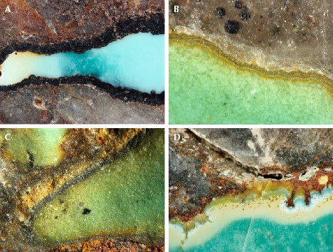 Figure 8. Turquoise samples shown in reflected light. A: Laminar turquoise (0.6–1.5 mm thick) occurred in the siliceous matrix. B–D: Yellowish green, black, and brownish yellow minerals were sandwiched between the turquoise and the siliceous matrix, exhibiting a banded or layered appearance. Photomicrographs by Ling Liu; fields of view 4.2 mm (A), 0.9 mm (B), 4.5 mm (C), and 5.8 mm (D). Figure 8. Turquoise samples shown in reflected light. A: Laminar turquoise (0.6–1.5 mm thick) occurred in the siliceous matrix. B–D: Yellowish green, black, and brownish yellow minerals were sandwiched between the turquoise and the siliceous matrix, exhibiting a banded or layered appearance. Photomicrographs by Ling Liu; fields of view 4.2 mm (A), 0.9 mm (B), 4.5 mm (C), and 5.8 mm (D).
