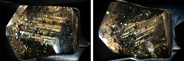 Figure 2. The changing direction of the rays is visible here when the stone is viewed through the same polished face but tilted to a slightly different orientation. Photomicrographs by Rosie Young; field of view 19.27 mm. Figure 2. The changing direction of the rays is visible here when the stone is viewed through the same polished face but tilted to a slightly different orientation. Photomicrographs by Rosie Young; field of view 19.27 mm.