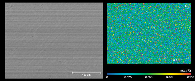 Figure 10. The BSE image and corresponding EPMA map of the coated surface of PM02 show that it contained gold with an uneven distribution. Figure 10. The BSE image and corresponding EPMA map of the coated surface of PM02 show that it contained gold with an uneven distribution.