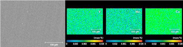 Figure 6. BSE image and corresponding EPMA maps of the coated surface of sample BM01, showing that it contained uneven distributions of vanadium, manganese, and cobalt. All three elements were examined in the same area. Figure 6. BSE image and corresponding EPMA maps of the coated surface of sample BM01, showing that it contained uneven distributions of vanadium, manganese, and cobalt. All three elements were examined in the same area.