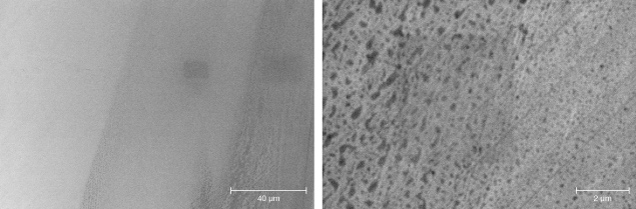 Figure 17. Left: Secondary electron imaging (SEI) showing how dislocation network patterns are expressed at the surface of the diamond in the same region as in figure 16G. The box shapes are from the electron beam having rested at those regions at higher magnifications. Right: Higher magnification imaging reveals further details for the dislocation network patterns and lamellae. Figure 17. Left: Secondary electron imaging (SEI) showing how dislocation network patterns are expressed at the surface of the diamond in the same region as in figure 16G. The box shapes are from the electron beam having rested at those regions at higher magnifications. Right: Higher magnification imaging reveals further details for the dislocation network patterns and lamellae.