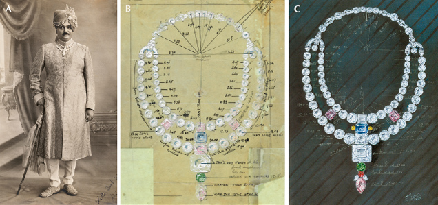 Figure 4. The Ceremonial Necklace of Nawanagar created by Cartier London and worn by the maharaja (A); originally sketched by Cartier in 1931, without the red diamond (B); and reproduced by A.V. Shinde circa 1958 and in 2002, containing a 2.34 ct red diamond (C). Photos courtesy of Archives Cartier Paris © Joshi & Vara, Archives Cartier London © Cartier, and Keswani (2004), respectively. Figure 4. The Ceremonial Necklace of Nawanagar created by Cartier London and worn by the maharaja (A); originally sketched by Cartier in 1931, without the red diamond (B); and reproduced by A.V. Shinde circa 1958 and in 2002, containing a 2.34 ct red diamond (C). Photos courtesy of Archives Cartier Paris © Joshi & Vara, Archives Cartier London © Cartier, and Keswani (2004), respectively.