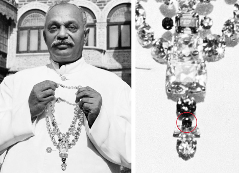 Figure 5. Left: The Ceremonial Necklace of Nawanagar held by the Maharaja Digvijaysinhji in 1947. Photo courtesy of Cartier Paris Documentation © Acme Photo. Right: Zoomed in on the red diamond, circled in red. Figure 5. Left: The Ceremonial Necklace of Nawanagar held by the Maharaja Digvijaysinhji in 1947. Photo courtesy of Cartier Paris Documentation © Acme Photo. Right: Zoomed in on the red diamond, circled in red.