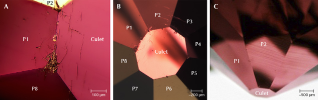 Figure 7. Optical images of the Winston Red diamond. A: Chip between pavilion facet 1 (P1) and the culet. B: Labeled pavilion facets (P1–P8), as determined by the chip on P1. C: Graining viewed from P2. Photomicrographs by W. Henry Towbin. Figure 7. Optical images of the Winston Red diamond. A: Chip between pavilion facet 1 (P1) and the culet. B: Labeled pavilion facets (P1–P8), as determined by the chip on P1. C: Graining viewed from P2. Photomicrographs by W. Henry Towbin.