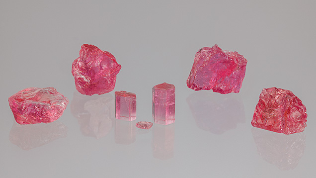 Figure 2. Rough samples of pezzottaite (5.02 carats total) acquired at the AGTA show from the parcel shown in figure 1. The difference in appearance is due to the small size of the acquired samples and resultant lower saturation. Photo by Annie Haynes.