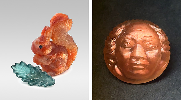 Figure 6. A 63.0 ct hand-carved Indian sunstone squirrel with a tourmaline leaf measuring 33.5 mm high (left) and a 43.10 ct Oregon sunstone depicting a moon face inspired by Beethoven measuring 11.8 mm high (right). Both carved by Hans-Ulrich “Uli” Pauly of Idar-Oberstein, Germany. Photos by Gaby Pauly; courtesy of Pauly Carvings. Figure 6. A 63.0 ct hand-carved Indian sunstone squirrel with a tourmaline leaf measuring 33.5 mm high (left) and a 43.10 ct Oregon sunstone depicting a moon face inspired by Beethoven measuring 11.8 mm high (right). Both carved by Hans-Ulrich “Uli” Pauly of Idar-Oberstein, Germany. Photos by Gaby Pauly; courtesy of Pauly Carvings.