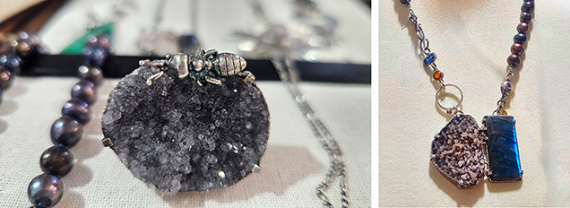 Left: “The Ant on the Sugar” ring, symbolizing persistence and determination, consists of drusy quartz measuring 4 × 3 cm. Right: This necklace, one of Boom Chappell’s most challenging pieces, features drusy quartz, labradorite, freshwater pearls, and blue and orange kyanite. Photos by Edyta Banasiak; courtesy of Metal Studio Jewelry. Left: “The Ant on the Sugar” ring, symbolizing persistence and determination, consists of drusy quartz measuring 4 × 3 cm. Right: This necklace, one of Boom Chappell’s most challenging pieces, features drusy quartz, labradorite, freshwater pearls, and blue and orange kyanite. Photos by Edyta Banasiak; courtesy of Metal Studio Jewelry.
