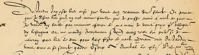 Figure 7. Letter of order by Catherine de’ Medici to jeweler François Dujardin commissioning an emerald jewel (“Recueil de devises grecques...,” 16th century). Figure 7. Letter of order by Catherine de’ Medici to jeweler François Dujardin commissioning an emerald jewel (“Recueil de devises grecques...,” 16th century).