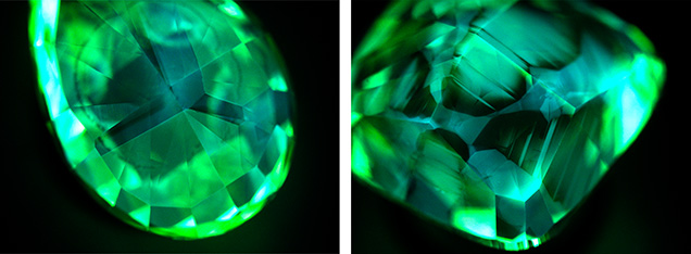 Figure 3. DiamondView imaging of two of the diamonds revealed cuboctahedral growth patterns and green fluorescence. Images by Ka Wing Tam and Wing Hin Choi. Figure 3. DiamondView imaging of two of the diamonds revealed cuboctahedral growth patterns and green fluorescence. Images by Ka Wing Tam and Wing Hin Choi.