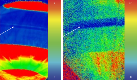 Figure 2. False-color PL maps showing normalized peak intensities (normalized using the diamond Raman line). These were collected using 532 nm excitation to document the SiV– doublet at 736.6/736.9 nm (left) and 455 nm excitation to document the H3 defect at 503.2 nm (right). The region corresponding to the blue band is indicated by an arrow. Figure 2. False-color PL maps showing normalized peak intensities (normalized using the diamond Raman line). These were collected using 532 nm excitation to document the SiV– doublet at 736.6/736.9 nm (left) and 455 nm excitation to document the H3 defect at 503.2 nm (right). The region corresponding to the blue band is indicated by an arrow.