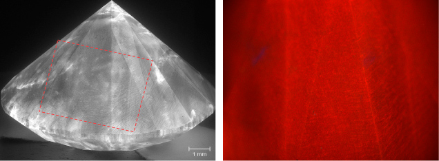 Figure 3. The absence of distinct layers and interfaces in the cathodoluminescence (left) and deep-UV fluorescence (right) images for a 10.13 ct CVD laboratory-grown diamond by Plasmability confirms that it was produced by a single growth event. Fine linear striations can be observed, characteristic of step-flow growth. Images by Elina Myagkaya (left) and Ulrika D’Haenens-Johansson (right). Figure 3. The absence of distinct layers and interfaces in the cathodoluminescence (left) and deep-UV fluorescence (right) images for a 10.13 ct CVD laboratory-grown diamond by Plasmability confirms that it was produced by a single growth event. Fine linear striations can be observed, characteristic of step-flow growth. Images by Elina Myagkaya (left) and Ulrika D’Haenens-Johansson (right).