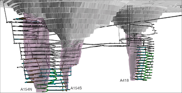 Computer-generated plan of underground workings at Diavik. Figure 13. A computer-generated plan of the underground workings that lie below the two open pits of A154 (left) and A418 (right). The workings shown in black are existing tunnels, whereas those in blue-green represent future tunnels that have not yet been installed to reach lower portions of the kimberlite pipes. The long straight tunnel that slopes upward to the right side of the image is the access tunnel. Image courtesy of Diavik Diamond Mine.