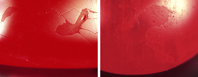 Differences in reflectance of the glass filling and corundum host were seen in the DiamondView’s visible light mode. Differences in reflectance of the glass filling and corundum host were seen in the DiamondView’s visible light mode.