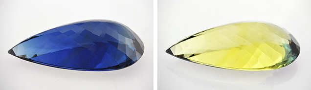 The blue o-ray (left) and a yellow e-ray (right) of the beryl. The blue o-ray (left) and a yellow e-ray (right) of the beryl.