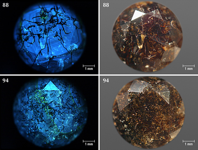 DiamondView images and photos of Marange diamonds that show radiation stains within fractures DiamondView images and photos of Marange diamonds that show radiation stains within fractures
