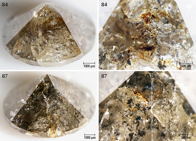 Marange diamonds that are lightly colored by brown radiation stains but also contain graphite needles Marange diamonds that are lightly colored by brown radiation stains but also contain graphite needles
