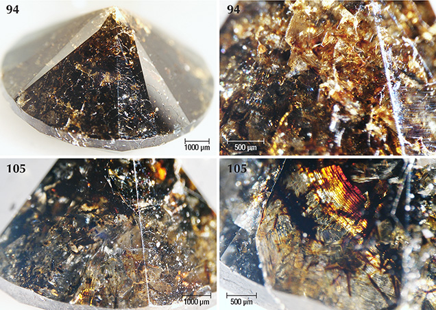 Marange diamonds with the darkest appearance due to abundant brown radiation stains plus graphite needles Marange diamonds with the darkest appearance due to abundant brown radiation stains plus graphite needles