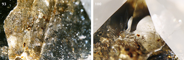 Individual brown radiation stains visible within fractures in Marange diamonds Individual brown radiation stains visible within fractures in Marange diamonds