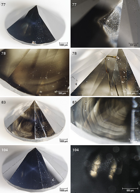 Four Marange diamonds that contain clouds of micron-sized inclusions of graphite that impart a dark appearance Four Marange diamonds that contain clouds of micron-sized inclusions of graphite that impart a dark appearance