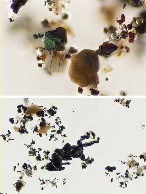 Magnetite, fluorite, and annite/phlogopite inclusions (top) and wolframoixiolite, fluorite, and mica inclusions (bottom). Magnetite, fluorite, and annite/phlogopite inclusions (top) and wolframoixiolite, fluorite, and mica inclusions (bottom).