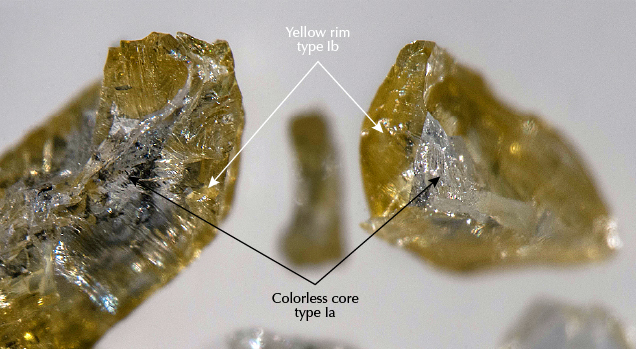 Ekati diamonds with colorless type Ia cores, yellow type Ib rims Ekati diamonds with colorless type Ia cores, yellow type Ib rims