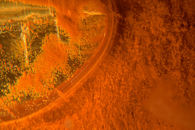 Numerous tiny brown particles within the negative crystal. Numerous tiny brown particles within the negative crystal.