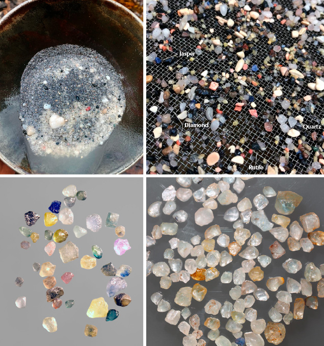 Guyanese artisanal miners prospect along riverbanks for locally specific indicator minerals, including quartz, jasper, and rutile. Guyanese artisanal miners prospect along riverbanks for locally specific indicator minerals, including quartz, jasper, and rutile.