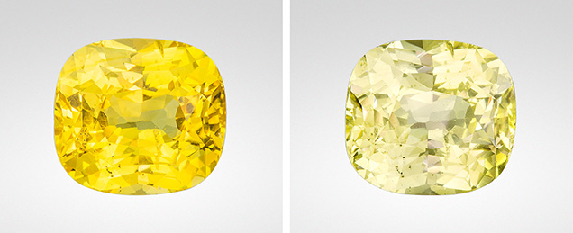 Highly saturated yellow hue (left) before fade test and pale yellow (right) after the test.