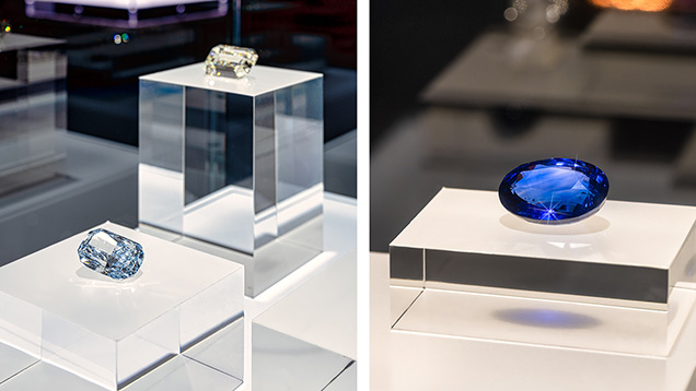 The 46.39 ct Fancy blue Celeste and 100.92 ct colorless diamonds (left) and 108.03 ct blue sapphire from Sri Lanka (right) on display at the Brilliance exhibit. The 46.39 ct Fancy blue Celeste and 100.92 ct colorless diamonds (left) and 108.03 ct blue sapphire from Sri Lanka (right) on display at the Brilliance exhibit.
