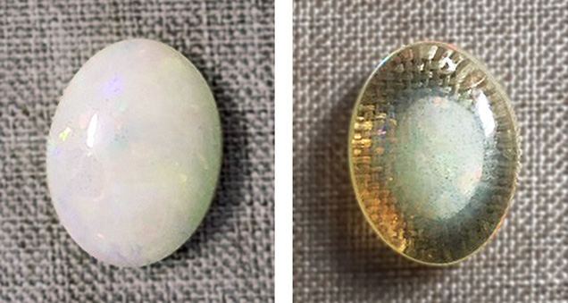 Figure 3. Left: The opal before treatment is semitranslucent white and shows a weak play-of-color. Right: After 36 hours of treatment, the opal becomes transparent light yellow, containing a white phantom. Photos by Le Ngoc Nang. Figure 3. Left: The opal before treatment is semitranslucent white and shows a weak play-of-color. Right: After 36 hours of treatment, the opal becomes transparent light yellow, containing a white phantom. Photos by Le Ngoc Nang.