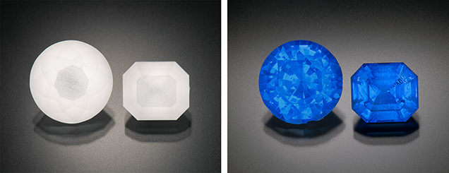 Figure 15. Two synthetic spinels before and after a diffusion experiment carried out at GIA in Carlsbad, California. The stones were faceted by Jessa Rizzo (GIA) and weigh 9.25 and 14.72 ct. Photos by Kevin Schumacher. Figure 15. Two synthetic spinels before and after a diffusion experiment carried out at GIA in Carlsbad, California. The stones were faceted by Jessa Rizzo (GIA) and weigh 9.25 and 14.72 ct. Photos by Kevin Schumacher.