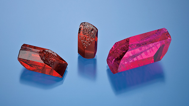 Figure 14. Hydrothermally grown synthetic beryl ranging from 1.08 to 6.32 g. Photo by Robert Weldon. Figure 14. Hydrothermally grown synthetic beryl ranging from 1.08 to 6.32 g. Photo by Robert Weldon.