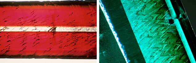 Figure 15. Left: A colorless seed crystal inclusion in a synthetic hydrothermal beryl. Right: A chevron pattern in a synthetic hydrothermal emerald. Photomicrographs by John I. Koivula. Figure 15. Left: A colorless seed crystal inclusion in a synthetic hydrothermal beryl. Right: A chevron pattern in a synthetic hydrothermal emerald. Photomicrographs by John I. Koivula.