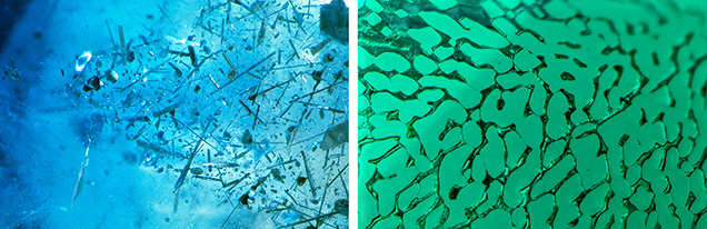 Figure 7. Needles and platelets of platinum crystals in flux-grown synthetic sapphire (left) and a partially healed fracture that trapped the flux-based growth medium in a flux-grown synthetic emerald (right). Photomicrographs by John I. Koivula (left) and Nathan Renfro (right; field of view 1.09 mm). Figure 7. Needles and platelets of platinum crystals in flux-grown synthetic sapphire (left) and a partially healed fracture that trapped the flux-based growth medium in a flux-grown synthetic emerald (right). Photomicrographs by John I. Koivula (left) and Nathan Renfro (right; field of view 1.09 mm).