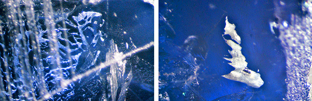 Figure 2. The flux-grown sapphire crystal contained white and opaque flux inclusions in the form of fingerprints (left) and flux-filled cavities (right). Photomicrographs by Gagan Choudhary; field of view 5.08 mm. Figure 2. The flux-grown sapphire crystal contained white and opaque flux inclusions in the form of fingerprints (left) and flux-filled cavities (right). Photomicrographs by Gagan Choudhary; field of view 5.08 mm.