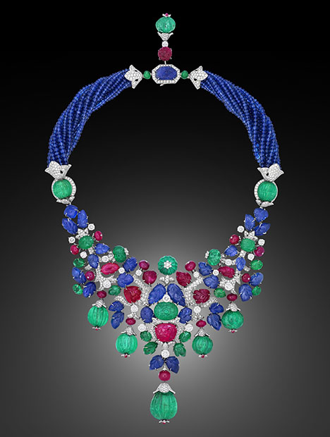 Figure 3. The “India” necklace from Cartier’s Tutti Frutti collection, featuring carved rubies, emeralds, sapphires, and diamonds, nearly doubled its upper presale estimate, garnering $8.7 million in Hong Kong. Courtesy of Christie’s Images Ltd. 2024. Figure 3. The “India” necklace from Cartier’s Tutti Frutti collection, featuring carved rubies, emeralds, sapphires, and diamonds, nearly doubled its upper presale estimate, garnering $8.7 million in Hong Kong. Courtesy of Christie’s Images Ltd. 2024.